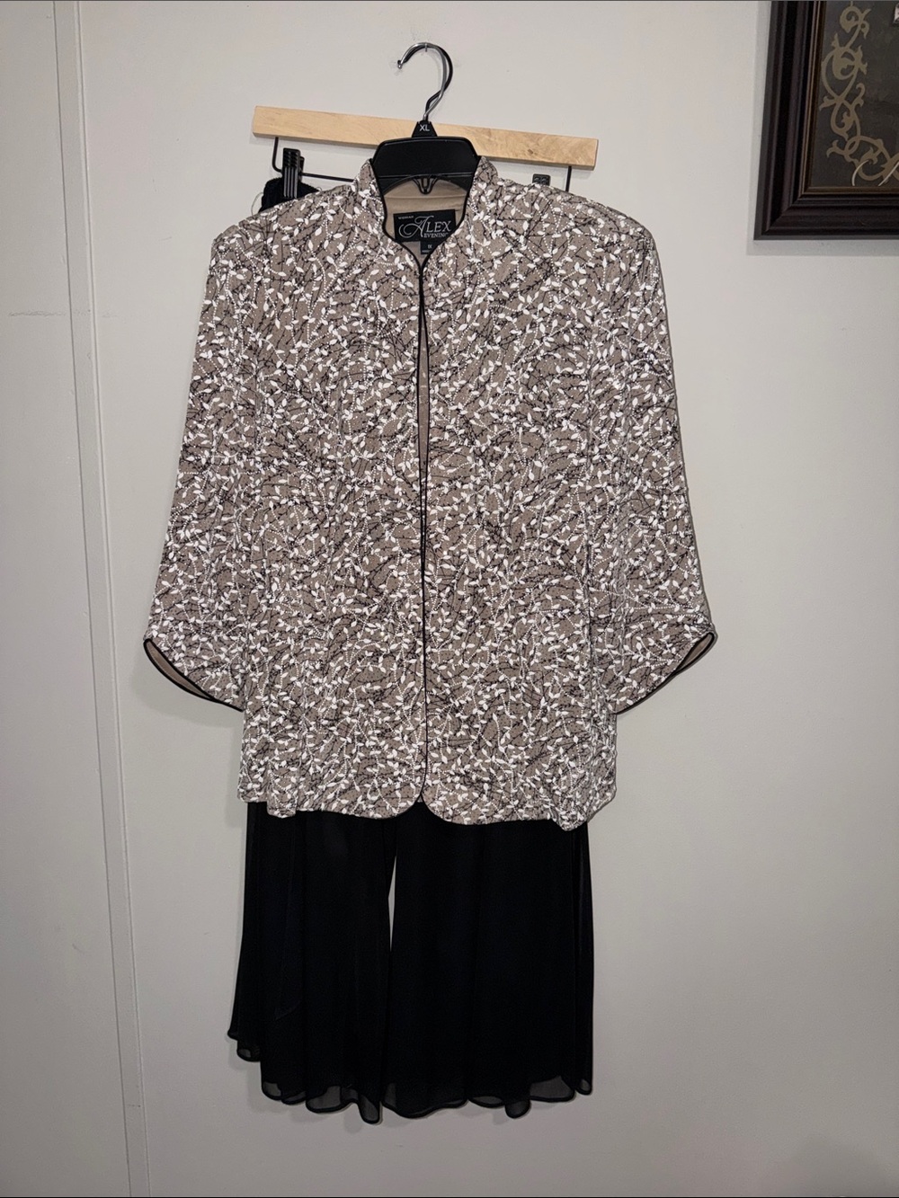 Alex Evenings Brown & White Printed Jacket with Cardigan and Sheer Slacks